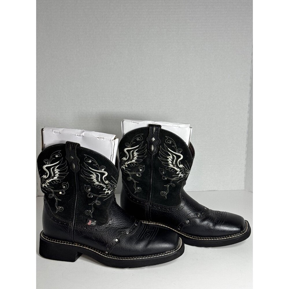 Justin Boots Black Gypsy Embroidered Square Toe Western L9977 Womens 8.5B - Picture 2 of 16
